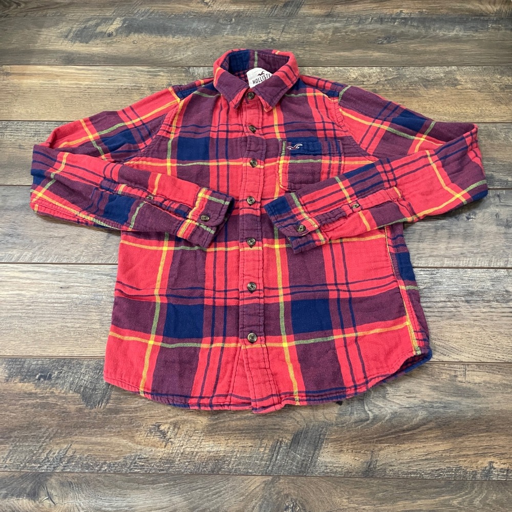 Hollister Womens L Red Blue Plaid Flannel Button Down Shirt Cotton Cabin Cozy